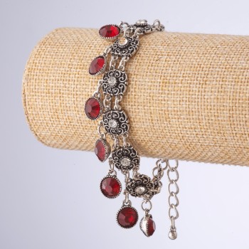 Bracelet with red crystals, pendants, series 'Eastern Bride', length 18-23 cm, metal color 'silver'