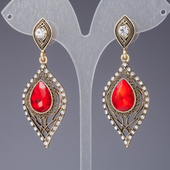 Earrings with red crystals, Eastern Tale series, color antique gold, length cm