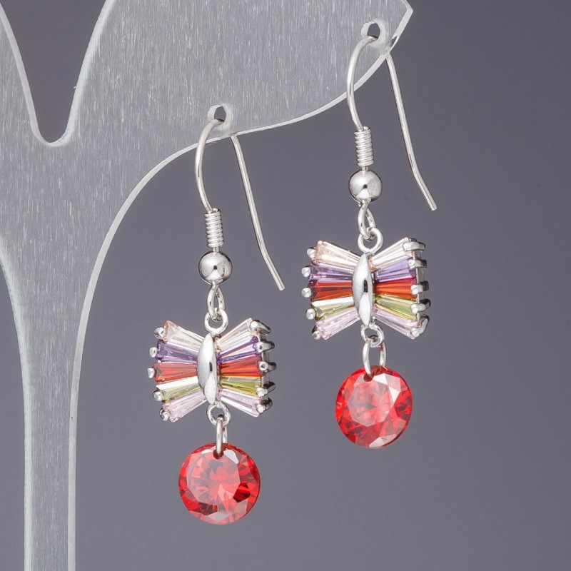 Bow Earrings with Colored Crystals, 4.5 cm long