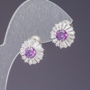 Earrings with White Crystals and Lilac Center, 1.2 cm Length