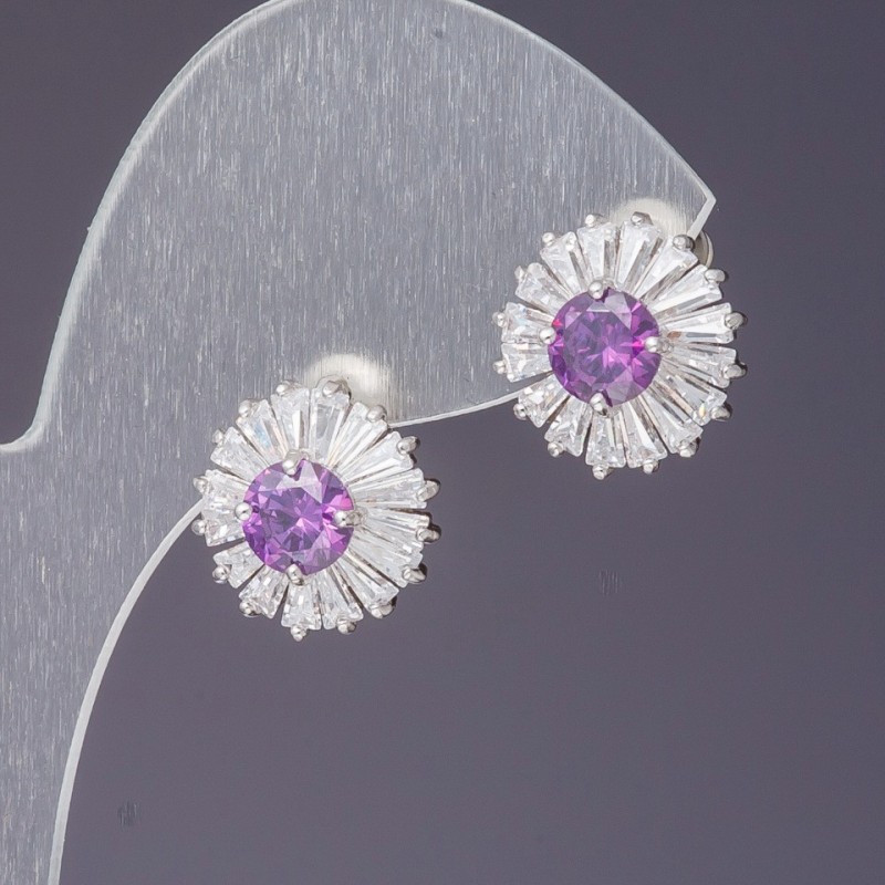 Earrings with White Crystals and Lilac Center, 1.2 cm Length