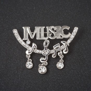 Brooch Music and Notes, silver-toned metal with crystals 60mm +