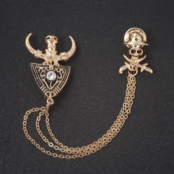 Gold-tone cardigan brooch with enamel and rhinestone, 40mm main part, 70mm chain +