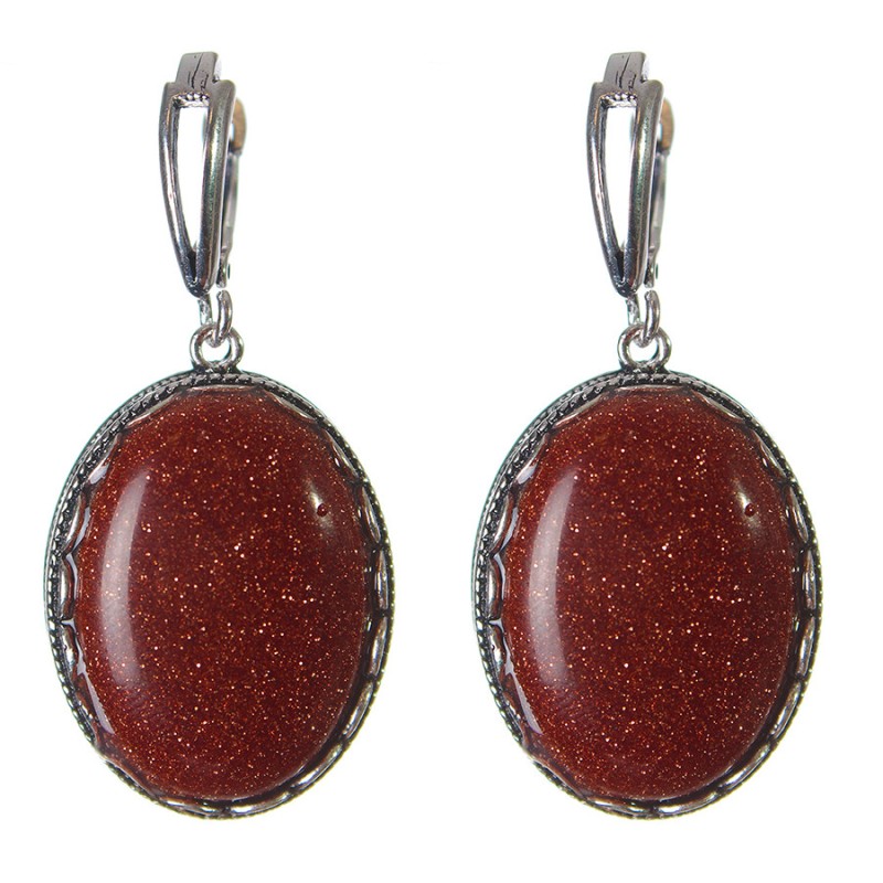 Discounted Aventurine Earrings 'Golden Sand' - Prong Setting - Oval Stone 2.8×2.1 cm, Length 4.5 cm