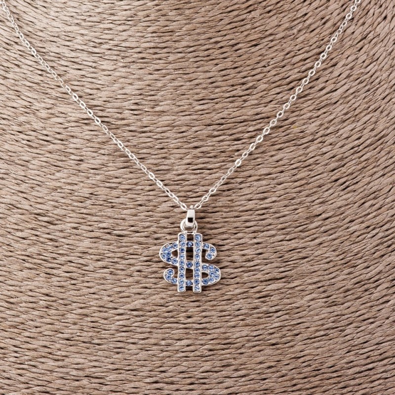 Pendant 'Dollar' on anchor chain blue crystals, length 52 cm, diameter 2x1.7 cm, silver-colored metal