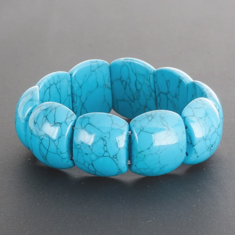 Turquoise Bracelet (pressed) on elastic, glossy convex rectangular link 1.8 x 2.1 cm