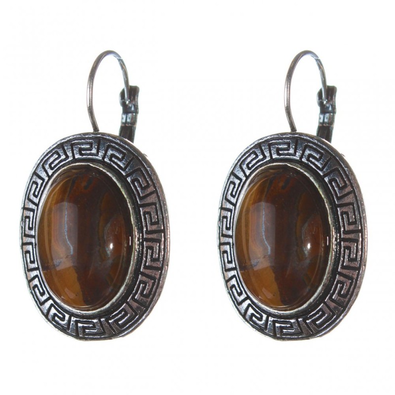 Clearance. Tiger's Eye Earrings with Greek Setting, Oval Stone 2.3 × 2.8 cm, Length 4 cm