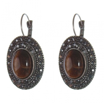 Clearance Tiger's Eye Earrings in a 'drop silver' setting, oval stone 2.5×1.9 cm, length 3.5 cm