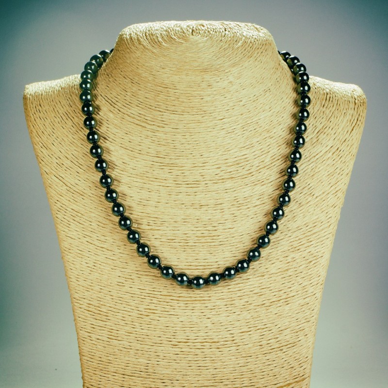 Hematite natural stone necklace with smooth beads, length 45 cm, 8 mm diameter