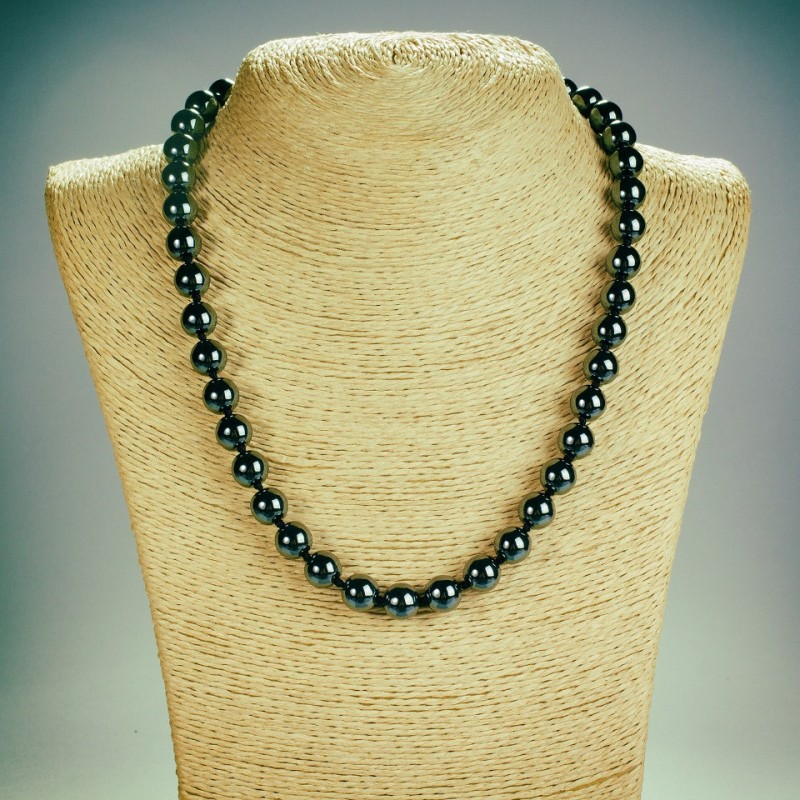 Hematite natural stone necklace, smooth beads, length 45 cm, bead diameter 10 mm