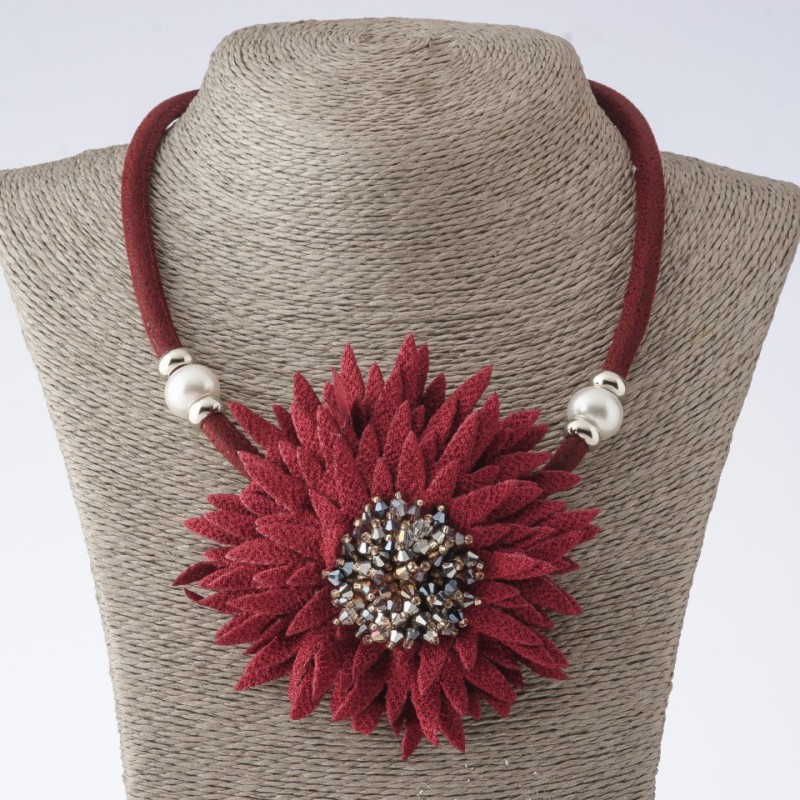 Chrysanthemum Textile Fashion Necklace on Cord, Burgundy, length 48-55 cm