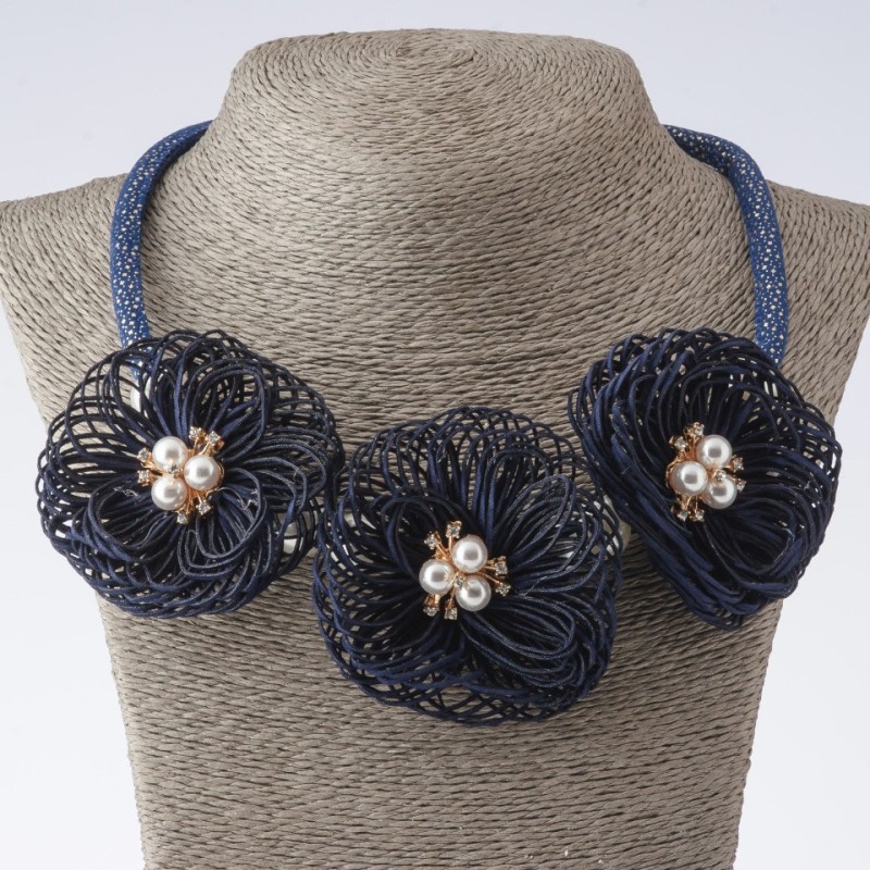 Cord Necklace Velvet Calendula, Textile Fashion Blue, Length 48-55 cm