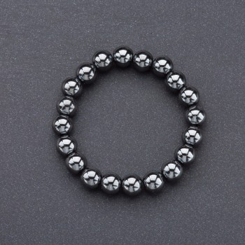 Hematite Natural Stone Bracelet on Elastic Cord, Smooth Beads, 10 mm Diameter