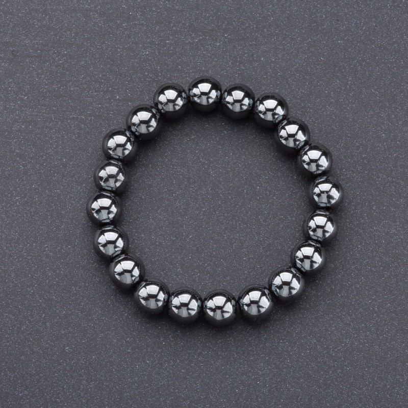 Hematite Natural Stone Bracelet on Elastic Cord, Smooth Beads, 10 mm Diameter
