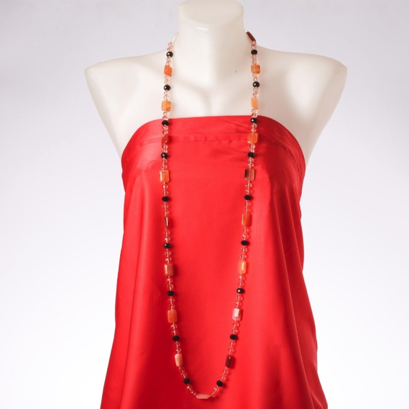 Clearance: Long Necklace 'Orion's Constellation' Natural Carnelian Stone, Czech Crystal, 120 cm length