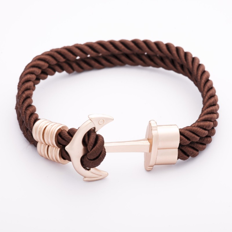 Women's Bracelet 'Anchor' with a dark brown braided textile cord, metal-tone color, length 22 cm