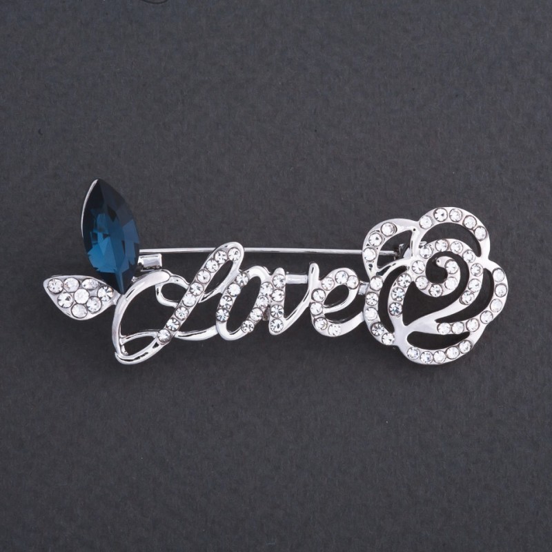 Discount! Brooch "Love with a Rose" blue crystal 6x3 cm metal color "silver"