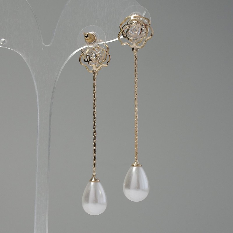 Long High-Tech Earrings Roses, length 7 cm, metal color 'gold'