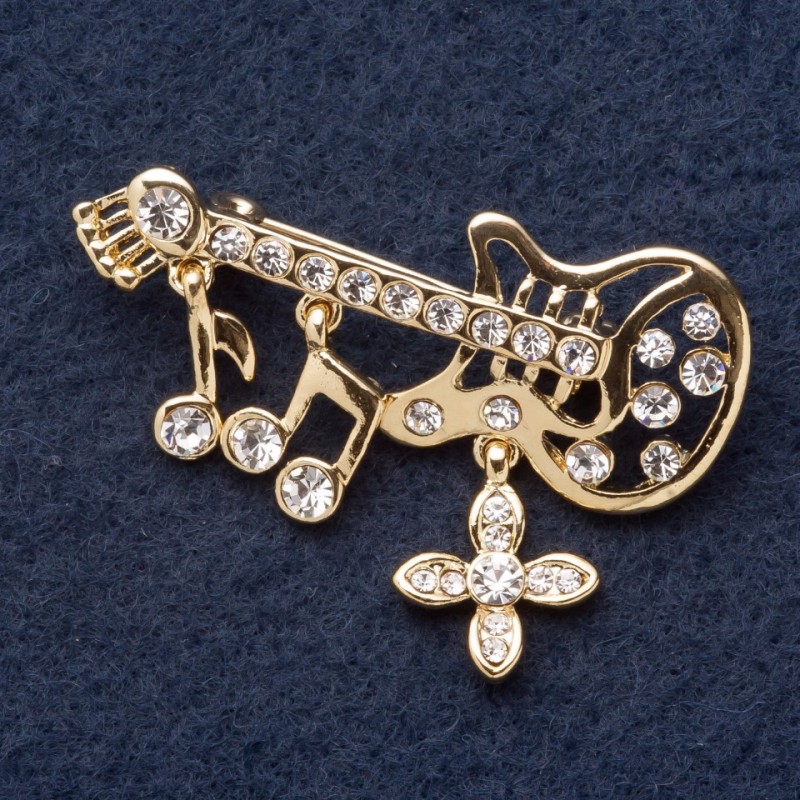 Brooch 'Precious Guitar' 5 x 2 cm with crystal pendants, yellow metal