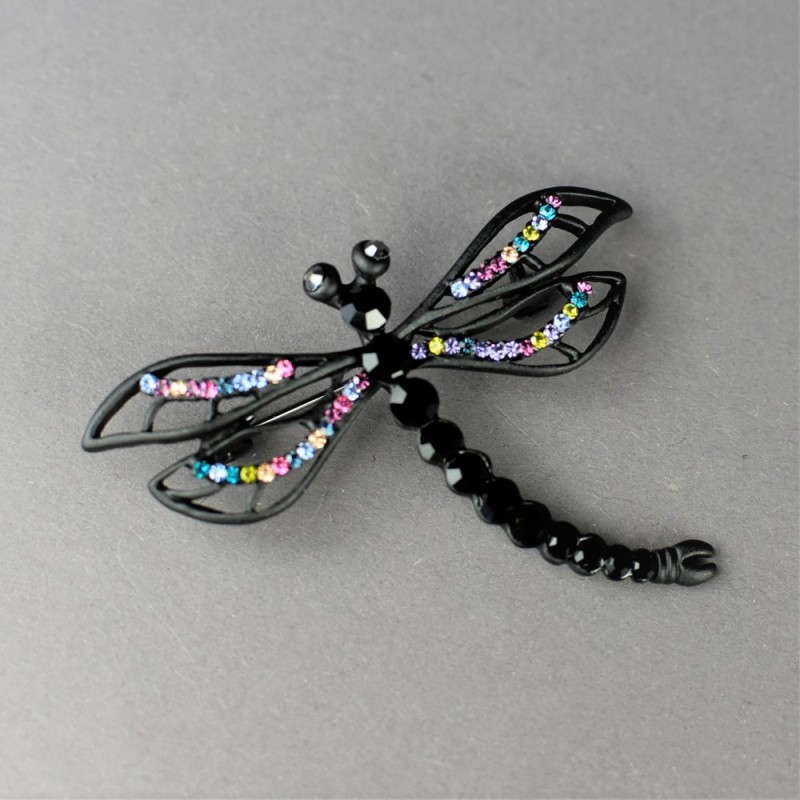 Brooch 'Dragonfly Queen of the Night' 5x6 cm black metal, colored crystals