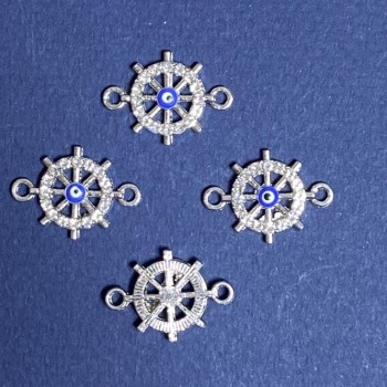 Sale! Pendant connector with crystals "Steering Wheel" 1.5x2 cm silver finish. 4 pcs