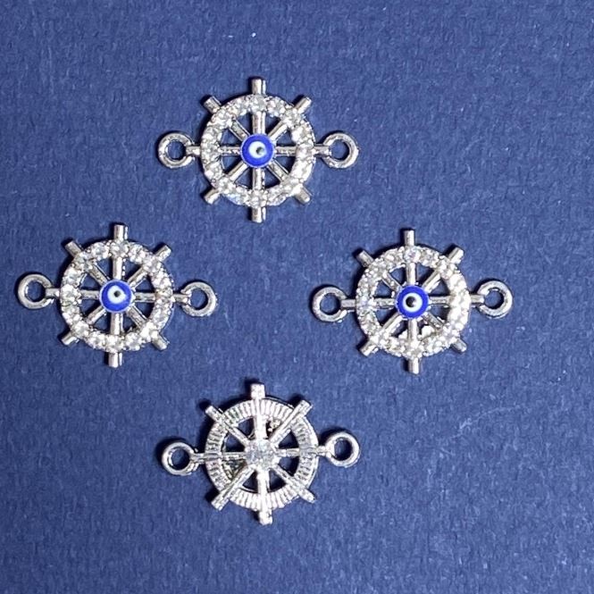 Sale! Pendant connector with crystals "Steering Wheel" 1.5x2 cm silver finish. 4 pcs