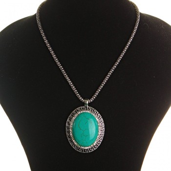 Pendant on chain, large turquoise with dark gray metal Greek bezel and crystals, oval 45x55 mm, chain length 46-56 cm