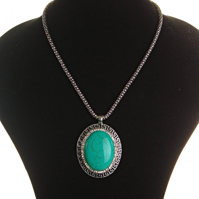 Pendant on chain, large turquoise with dark gray metal Greek bezel and crystals, oval 45x55 mm, chain length 46-56 cm