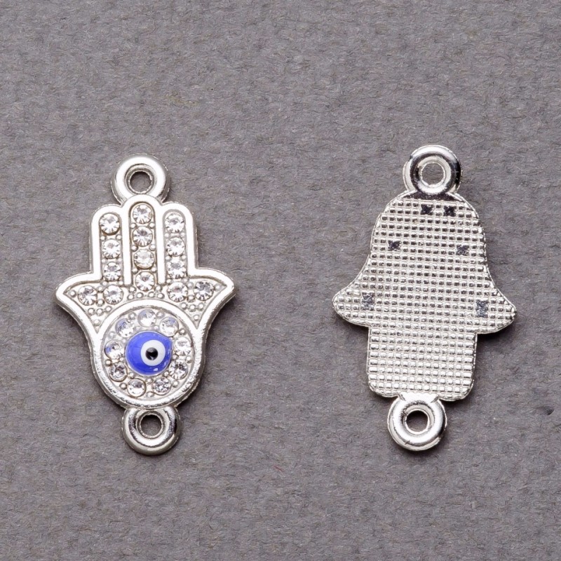 Findings - Hamsa Hand Pendant Connector with Rhinestones, Eye of the Hamsa, Silver, 2.5x1.3 cm, pack of 3