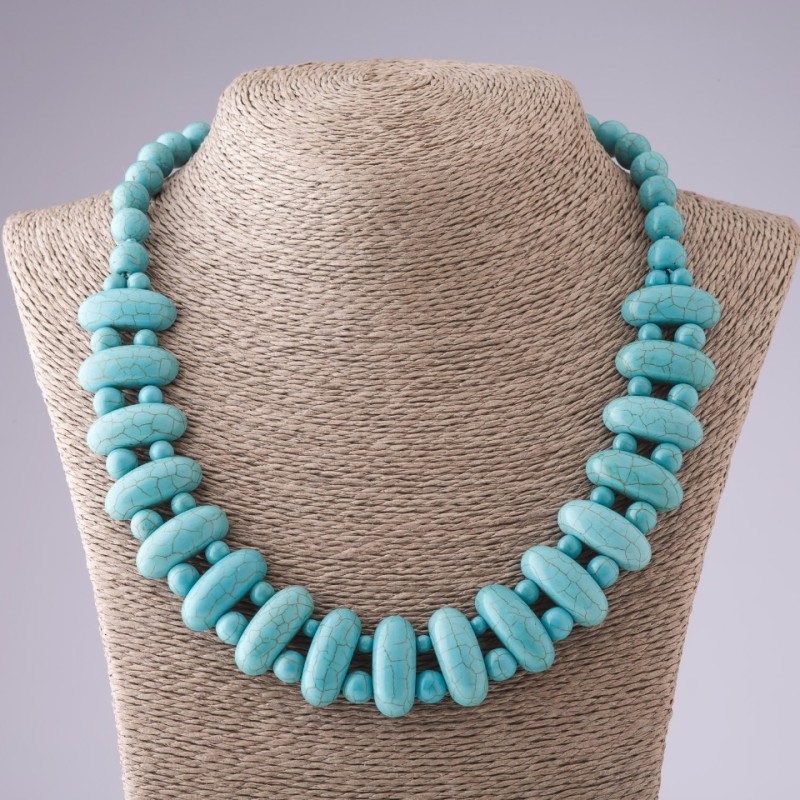Necklace Cleopatra Turquoise with green-veined links 10x25 mm and 10 mm bead, length 50 cm