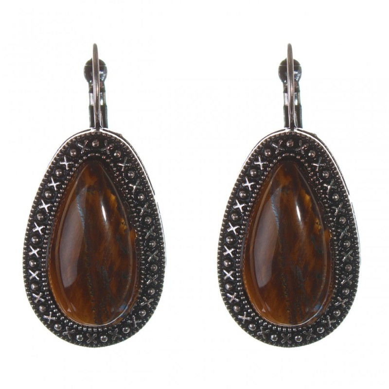 Clearance. Tiger's Eye Earrings, Dot-Cross setting, Drop-shaped stone, 3×2 cm, length 4 cm