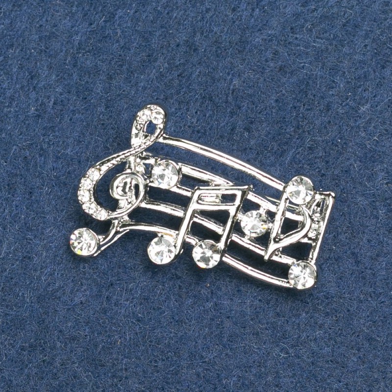 Brooch 'Notes' silver-tone metal and crystals 35×20 mm +