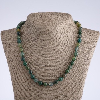 Beaded necklace of moss agate natural stone with a faceted bead, 10mm diameter, 45cm length