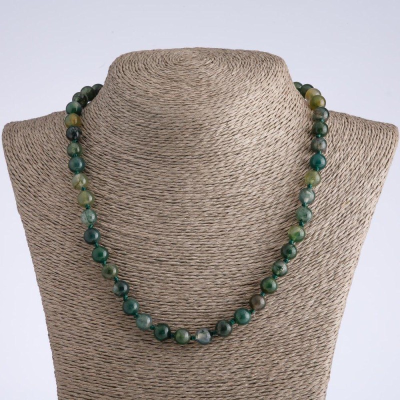 Beaded necklace of moss agate natural stone with a faceted bead, 10mm diameter, 45cm length
