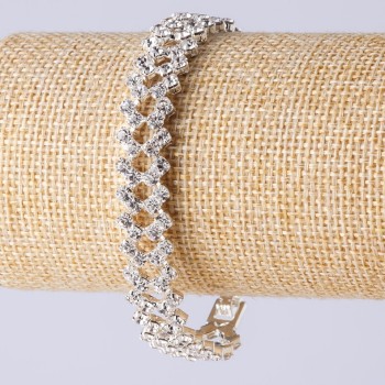 Two-row Crystal Bracelet with Clasp, Zigzag Design, Silver Metal Color, Length 19 cm, Width 12 mm