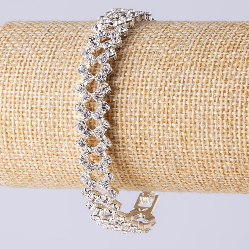 Two-row Crystal Bracelet with Clasp, Zigzag Design, Silver Metal Color, Length 19 cm, Width 12 mm