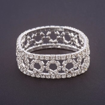 Rhinestone stretch bracelet with 'rings' pattern, white crystals, width 19 cm, circumference 18.5 cm, metal color 'silver'