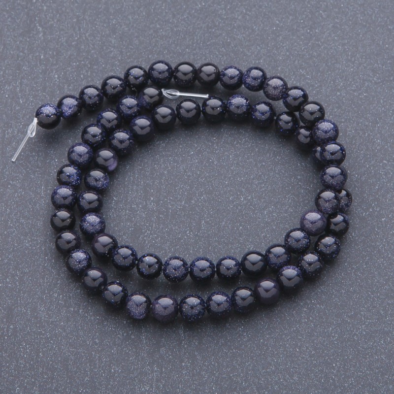 Beads of aventurine 'Blue Sand of Cairo Night' on a thread, smooth round, 6 mm diameter, 37 cm length