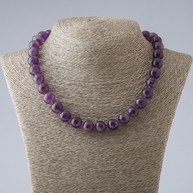 Natural Amethyst Bead Necklace, Smooth Round Beads, 12 mm Diameter, 47 cm Length