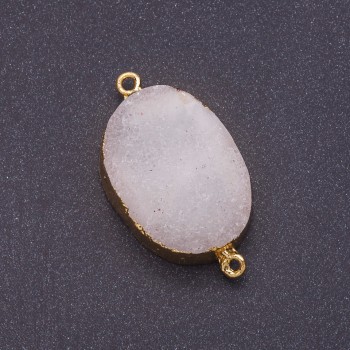 White agate druzy oval connector, diameter 25x40 mm (+/-), gold-tone metal