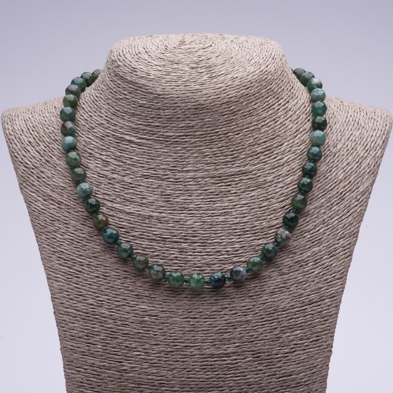 Moss Agate Natural Stone Necklace with a Faceted Bead, 45 cm long, 8 mm diameter