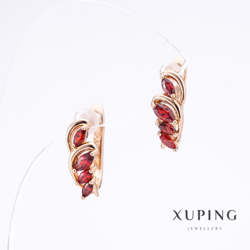 Xuping Earrings with Red Stones, Gold Plating, 1.5 cm Length, 6 mm Thickness