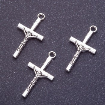 Crucifix pendant hardware, length 28 mm, diameter 1–1.5 mm, silver color finish, 20 g, plus/minus 19 pcs