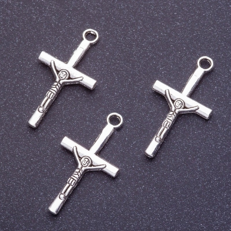 Crucifix pendant hardware, length 28 mm, diameter 1–1.5 mm, silver color finish, 20 g, plus/minus 19 pcs