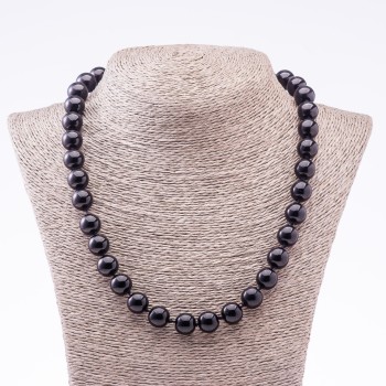 Black Agate Natural Stone Necklace, Pressed Smooth Beads, 12mm Diameter, 46cm Length