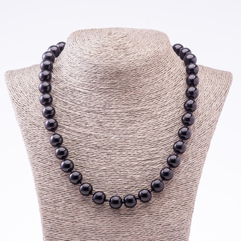 Black Agate Natural Stone Necklace, Pressed Smooth Beads, 12mm Diameter, 46cm Length