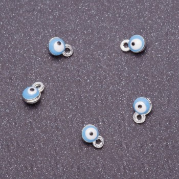 Pendant findings 'Eyes', diameter 4 mm, length 6 mm, blue enamel, gray metal finish. 14 pcs