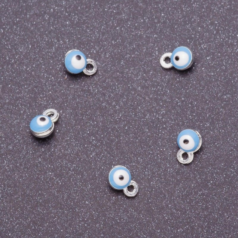 Pendant findings 'Eyes', diameter 4 mm, length 6 mm, blue enamel, gray metal finish. 14 pcs