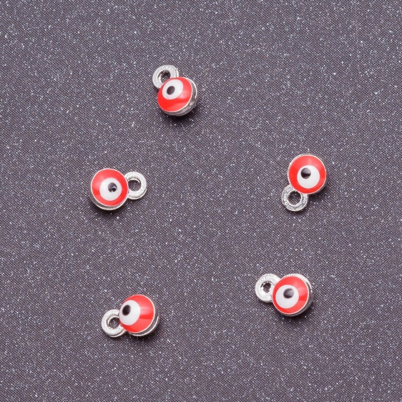 Pendant hardware 'Eyes', diameter 4mm, length 6mm, red enamel, grey metal finish. 14 pcs
