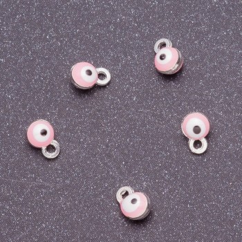 Discount! Eye Pendant Findings, diameter 4 mm, length 6 mm, pink enamel, gray metal finish, 14 pcs